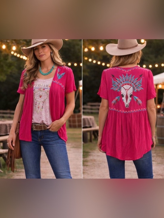 Roper Tops - Roper Fuchsia Short Sleeve Cardigan with Skull & Feather Embroidery, Retail $65